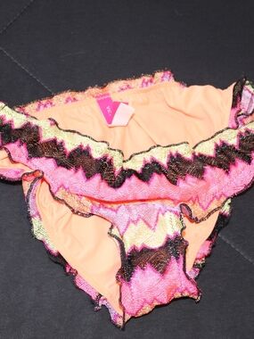 Victoria's Secret Peach Bikini Bottom with Pink and Black Chevron Ruffle